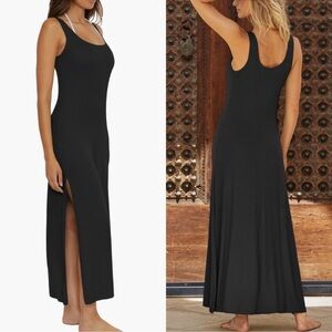 Becca Mykonos Semi-Sheer Ribbed Maxi Swim Cover Up Dress - Black - L - NWOT